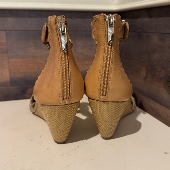 Sam Edelman Leather Silvia Wedge Sandals Shoes Women’s Size 10 Gold Brown Ankle - Picture 5 of 10